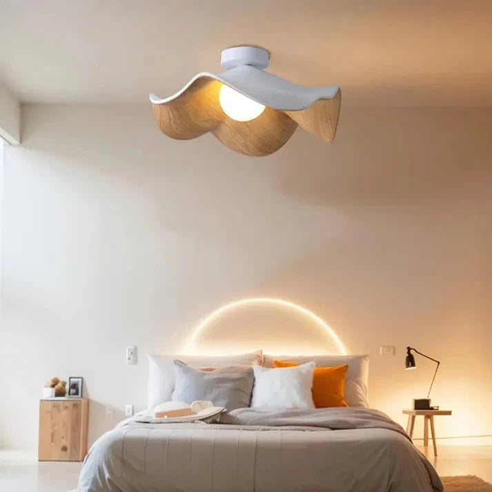 Scandinavian Wooden Lotus Ceiling Light | Resin And Iron Modern Flush Mount In Two Room Sizes