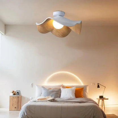 Scandinavian Wooden Lotus Ceiling Light | Resin And Iron Modern Flush Mount In Two Room Sizes