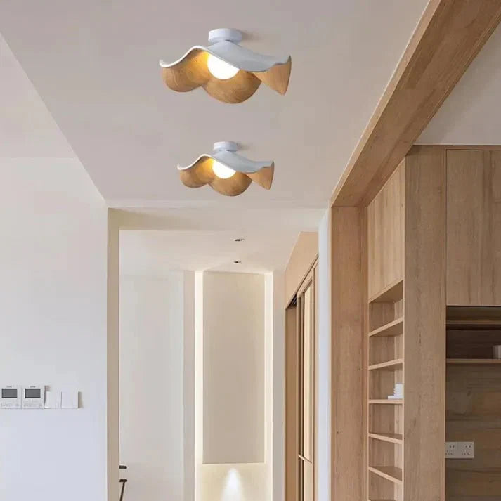 Scandinavian Wooden Lotus Ceiling Light | Resin And Iron Modern Flush Mount In Two Room Sizes