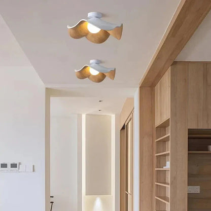 Scandinavian Wooden Lotus Ceiling Light | Resin And Iron Modern Flush Mount In Two Room Sizes