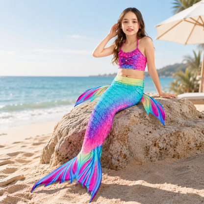Girls Mermaid Tail Swimsuit Set | Three Piece Swim Costume For Supervised Pool Dress Up Play