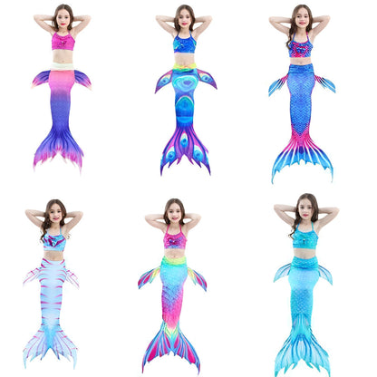 Girls Mermaid Tail Swimsuit Set | Three Piece Swim Costume For Supervised Pool Dress Up Play