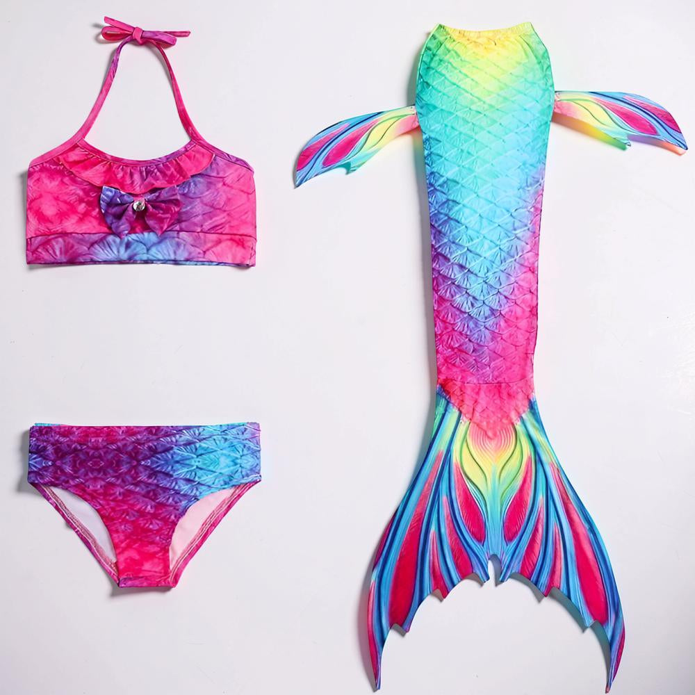 Girls Mermaid Tail Swimsuit Set | Three Piece Swim Costume For Supervised Pool Dress Up Play