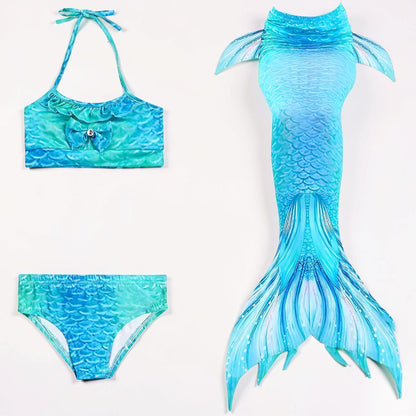 Girls Mermaid Tail Swimsuit Set | Three Piece Swim Costume For Supervised Pool Dress Up Play