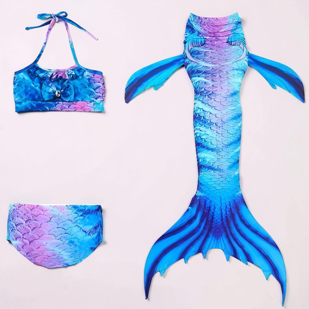 Girls Mermaid Tail Swimsuit Set | Three Piece Swim Costume For Supervised Pool Dress Up Play