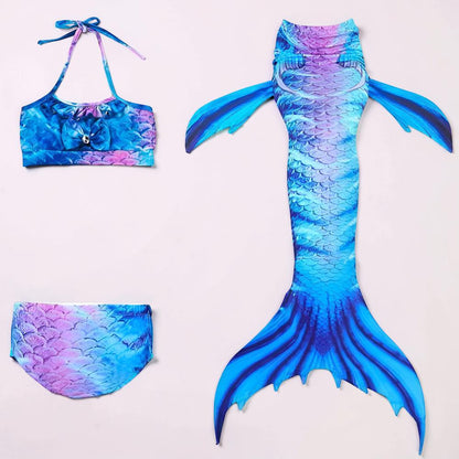 Girls Mermaid Tail Swimsuit Set | Three Piece Swim Costume For Supervised Pool Dress Up Play