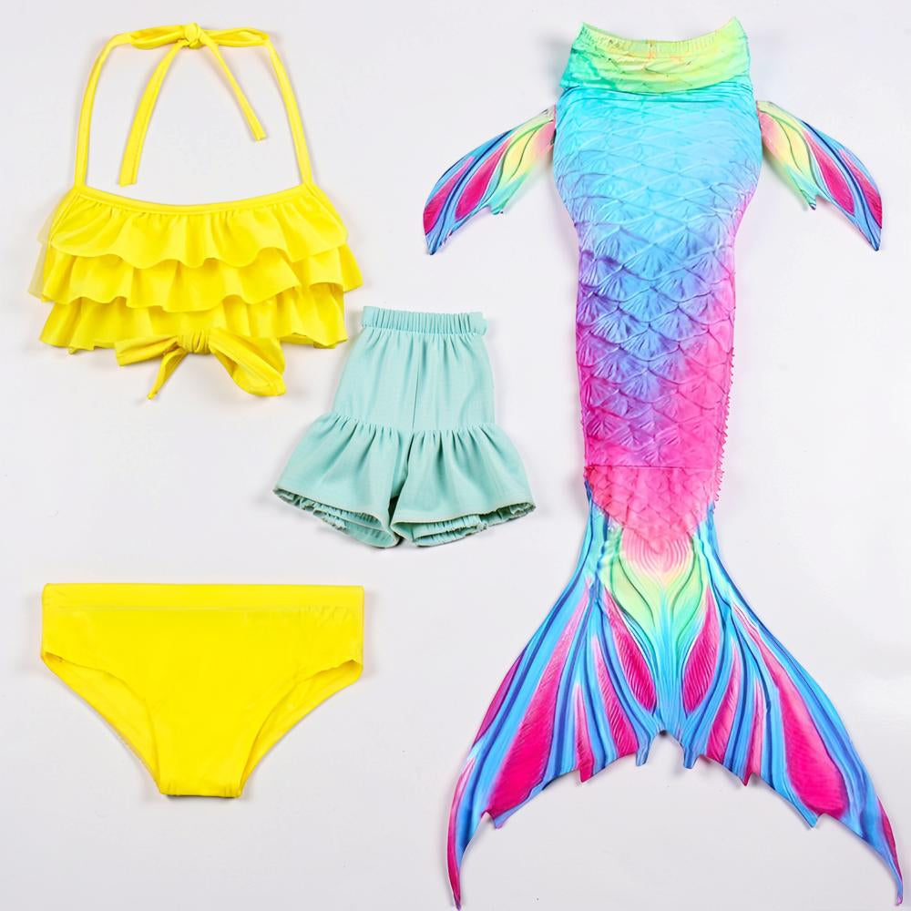 Girls Mermaid Tail Swimsuit Set | Three Piece Swim Costume For Supervised Pool Dress Up Play