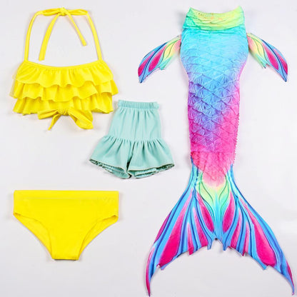 Girls Mermaid Tail Swimsuit Set | Three Piece Swim Costume For Supervised Pool Dress Up Play