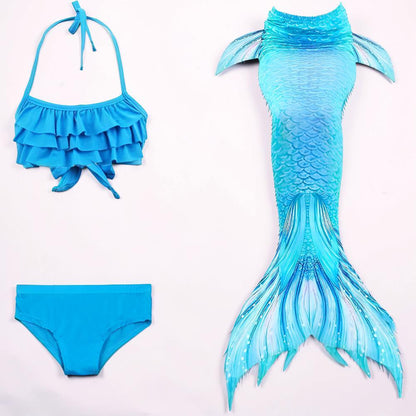 Girls Mermaid Tail Swimsuit Set | Three Piece Swim Costume For Supervised Pool Dress Up Play