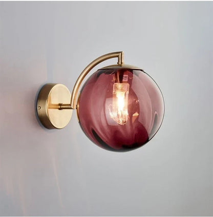 Modern Glass Ball Wall Lamp | Brass Arm and Tinted Glass Design In Four Bold Shade Colourways