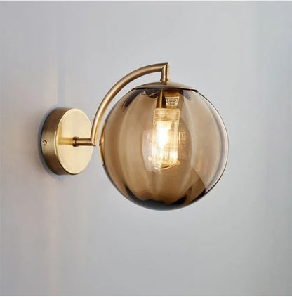 Modern Glass Ball Wall Lamp | Brass Arm and Tinted Glass Design In Four Bold Shade Colourways