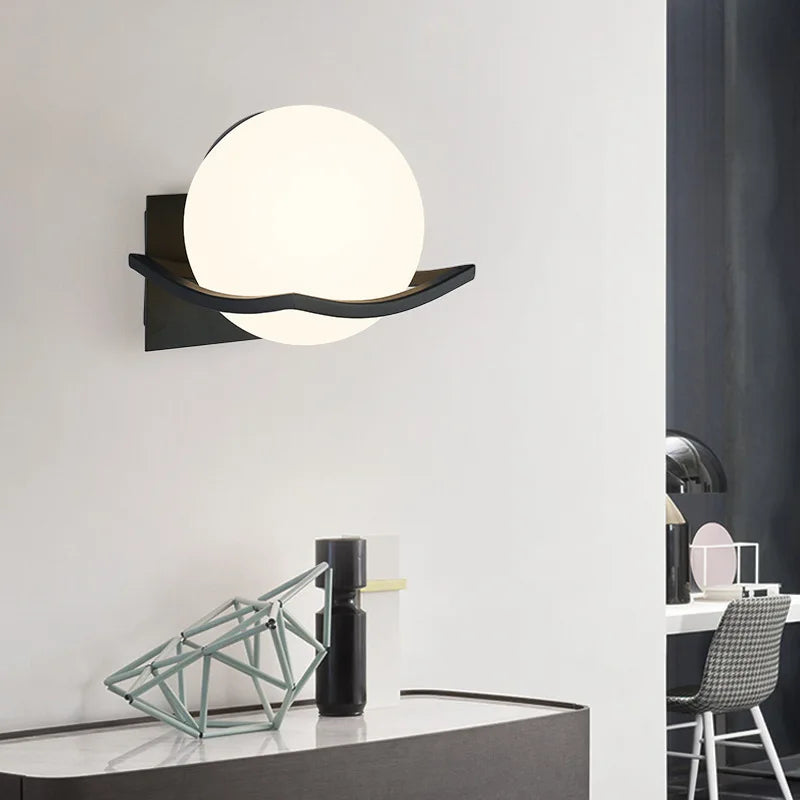 Opalene Wall Light | Modern European Opal Glass Globe Sconce In Gold, Black or White Metal