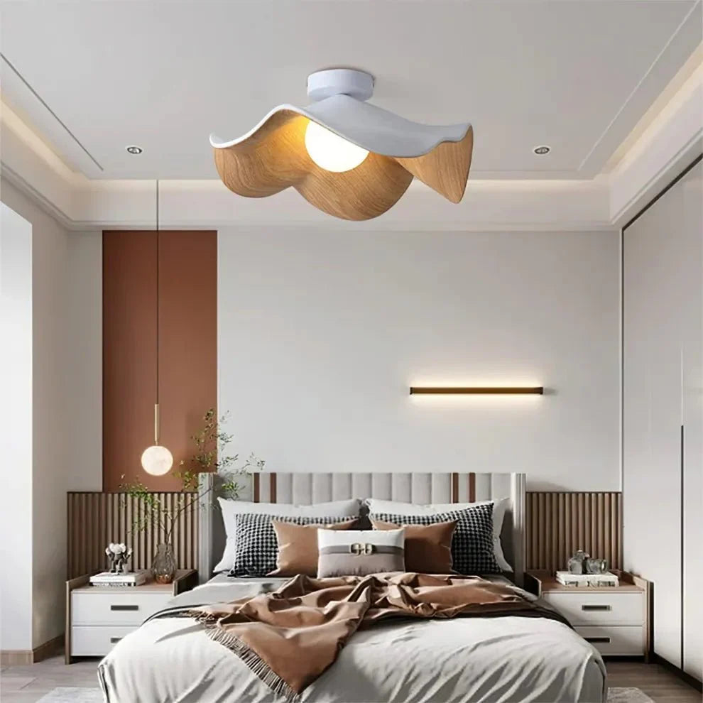 Scandinavian Wooden Lotus Ceiling Light | Resin And Iron Modern Flush Mount In Two Room Sizes