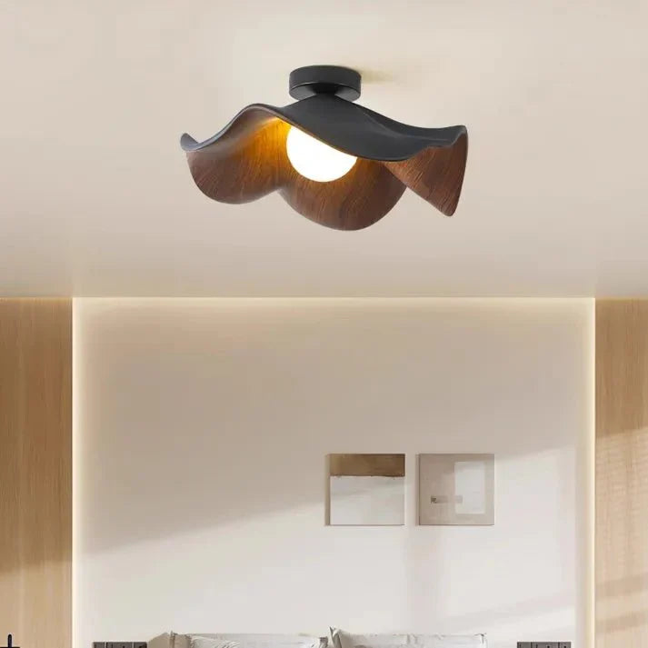 Scandinavian Wooden Lotus Ceiling Light | Resin And Iron Modern Flush Mount In Two Room Sizes