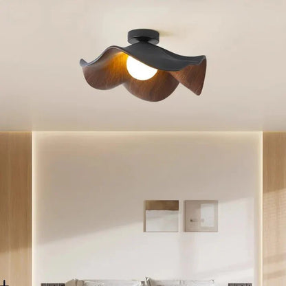 Scandinavian Wooden Lotus Ceiling Light | Resin And Iron Modern Flush Mount In Two Room Sizes