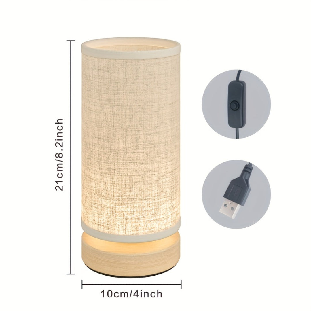 Modern Wooden Table Lamp | USB Powered Bedside Light In Flower or Linen Fabric Shade Designs