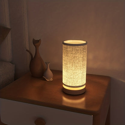 Modern Wooden Table Lamp | USB Powered Bedside Light In Flower or Linen Fabric Shade Designs