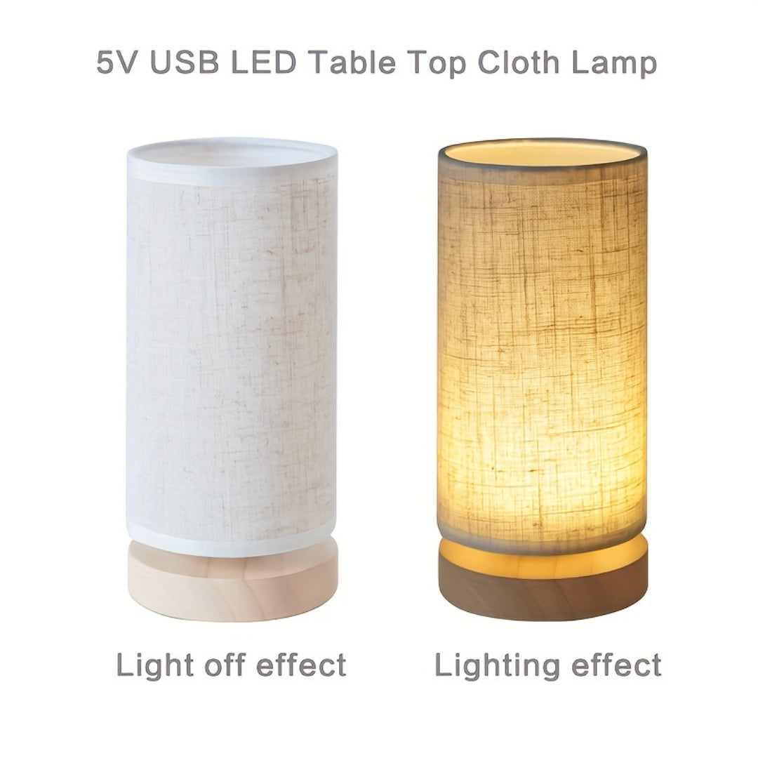 Modern Wooden Table Lamp | USB Powered Bedside Light In Flower or Linen Fabric Shade Designs