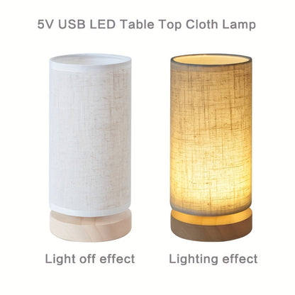 Modern Wooden Table Lamp | USB Powered Bedside Light In Flower or Linen Fabric Shade Designs