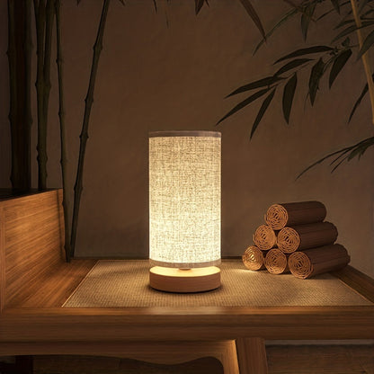 Modern Wooden Table Lamp | USB Powered Bedside Light In Flower or Linen Fabric Shade Designs