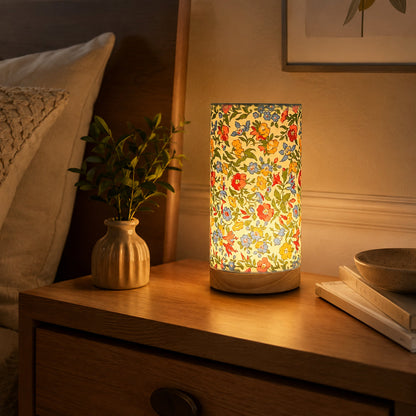 Modern Wooden Table Lamp | USB Powered Bedside Light In Flower or Linen Fabric Shade Designs