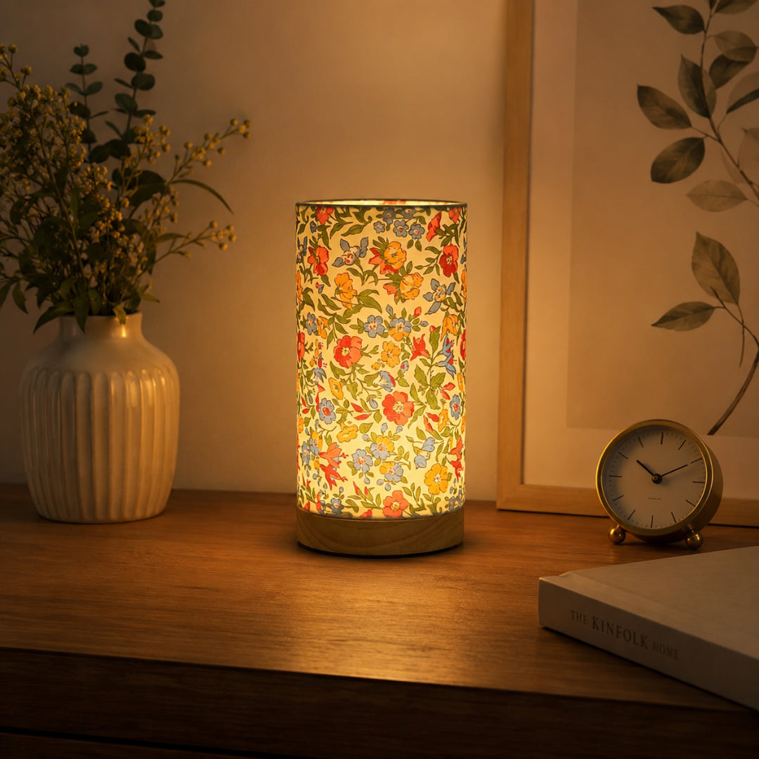 Modern Wooden Table Lamp | USB Powered Bedside Light In Flower or Linen Fabric Shade Designs