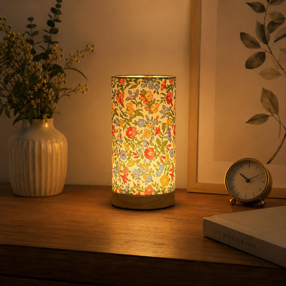 Modern Wooden Table Lamp | USB Powered Bedside Light In Flower or Linen Fabric Shade Designs