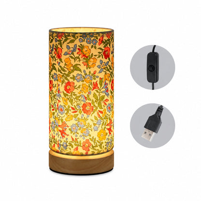 Modern Wooden Table Lamp | USB Powered Bedside Light In Flower or Linen Fabric Shade Designs