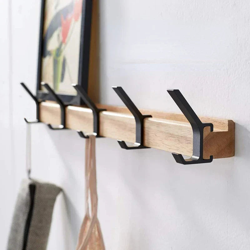 Nordic Wall Mounted Coat Rack | Adjustable Dual Hooks In A Black and Wood Finish For Halls