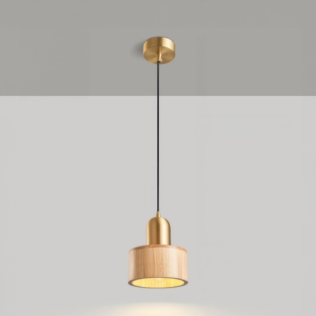 Cylinder Pendant Light | Japanese Style Walnut And Brass Hanging Lamp In Two Timber Finishes
