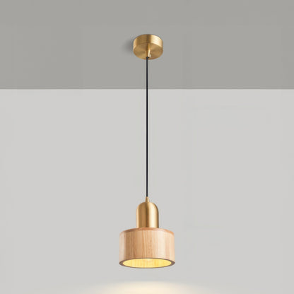 Cylinder Pendant Light | Japanese Style Walnut And Brass Hanging Lamp In Two Timber Finishes