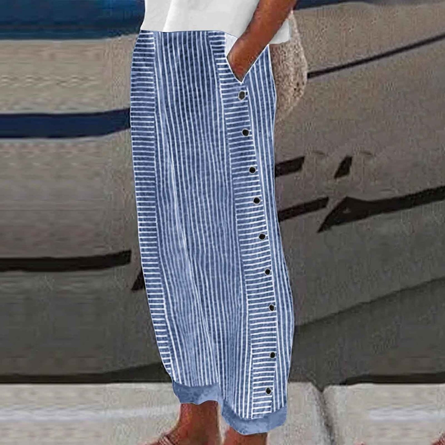 Sera Striped Button-Accent Trousers