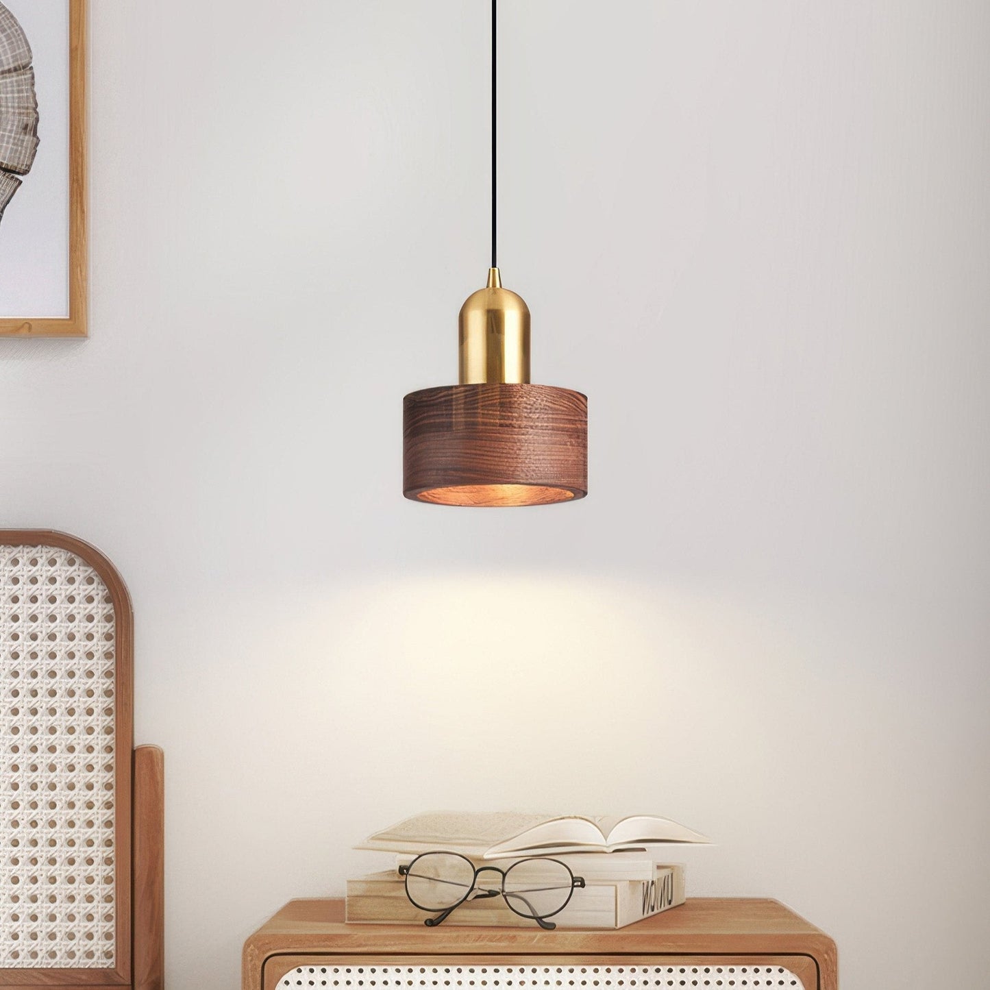 Cylinder Pendant Light | Japanese Style Walnut And Brass Hanging Lamp In Two Timber Finishes