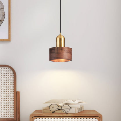 Cylinder Pendant Light | Japanese Style Walnut And Brass Hanging Lamp In Two Timber Finishes