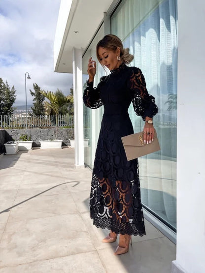 Ivory Lace High-Neck Puff Sleeve Summer Dress