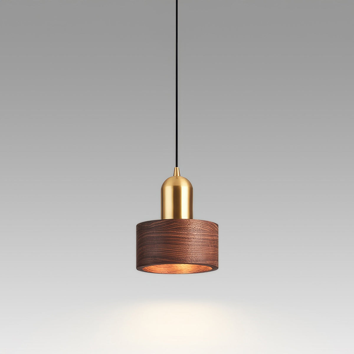 Cylinder Pendant Light | Japanese Style Walnut And Brass Hanging Lamp In Two Timber Finishes