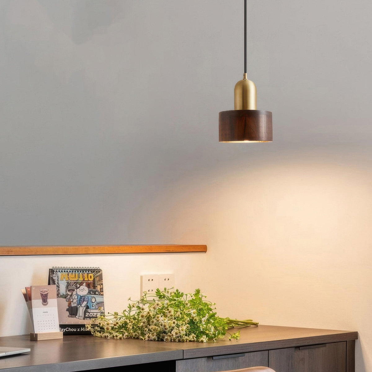 Cylinder Pendant Light | Japanese Style Walnut And Brass Hanging Lamp In Two Timber Finishes