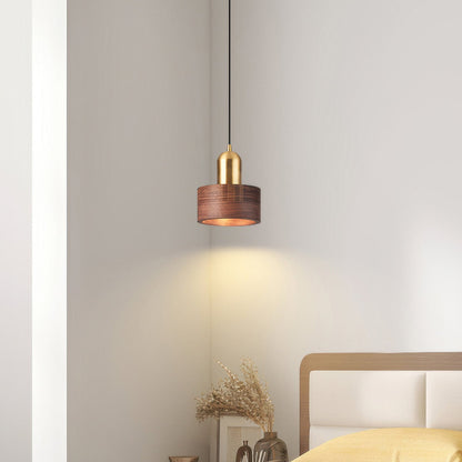 Cylinder Pendant Light | Japanese Style Walnut And Brass Hanging Lamp In Two Timber Finishes