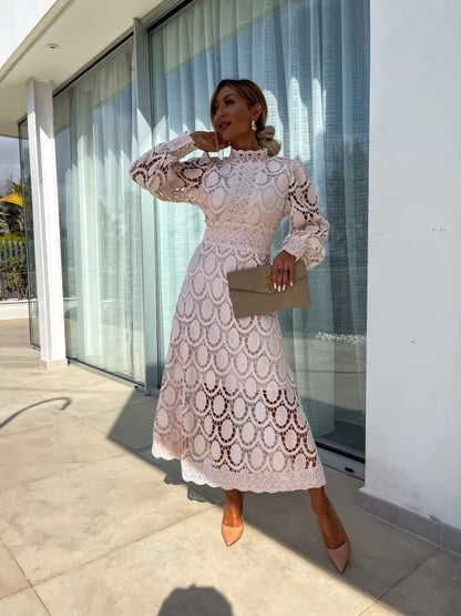 Ivory Lace High-Neck Puff Sleeve Summer Dress
