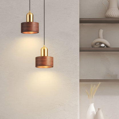 Cylinder Pendant Light | Japanese Style Walnut And Brass Hanging Lamp In Two Timber Finishes