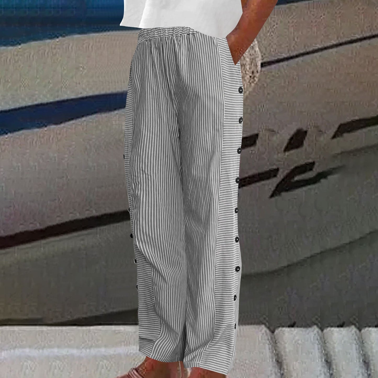 Sera Striped Button-Accent Trousers