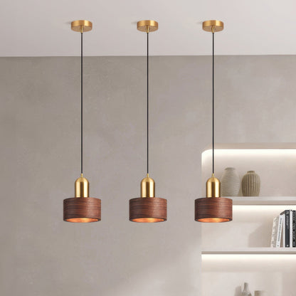 Cylinder Pendant Light | Japanese Style Walnut And Brass Hanging Lamp In Two Timber Finishes