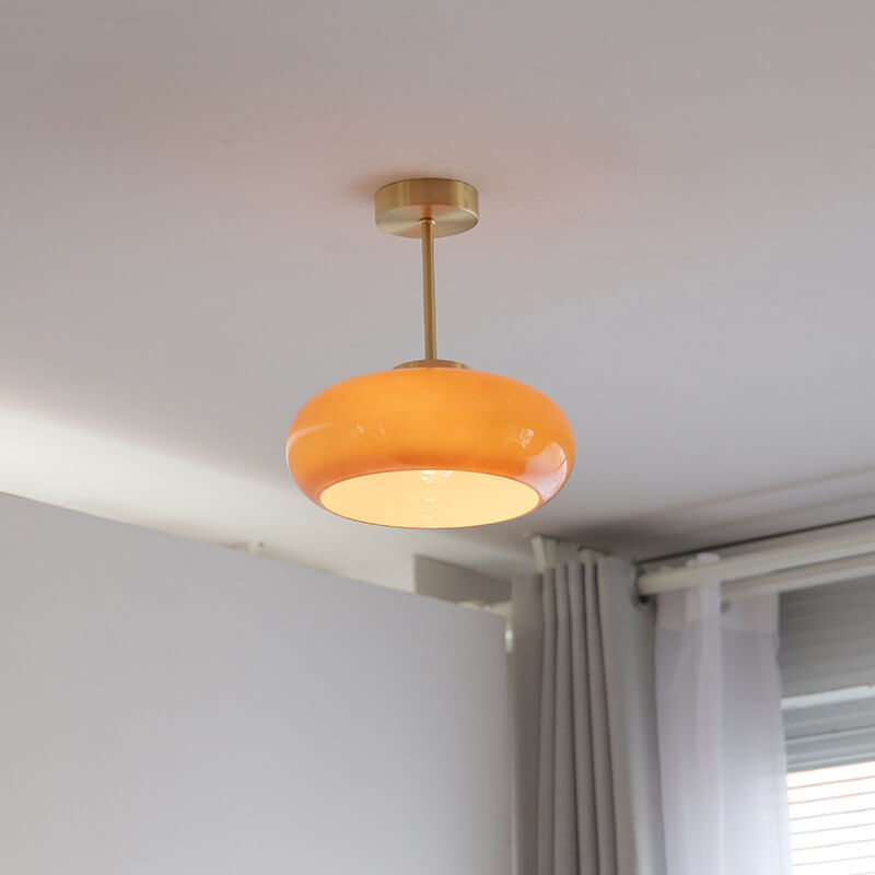 Vintage Brass Yellow Glass Ceiling Light | Semi Flush Mount In Two Warm Toned Metal Finishes