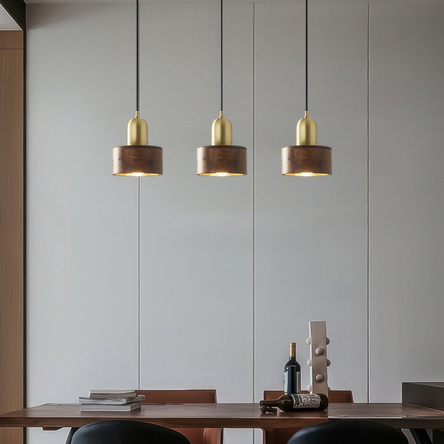 Cylinder Pendant Light | Japanese Style Walnut And Brass Hanging Lamp In Two Timber Finishes