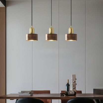 Cylinder Pendant Light | Japanese Style Walnut And Brass Hanging Lamp In Two Timber Finishes