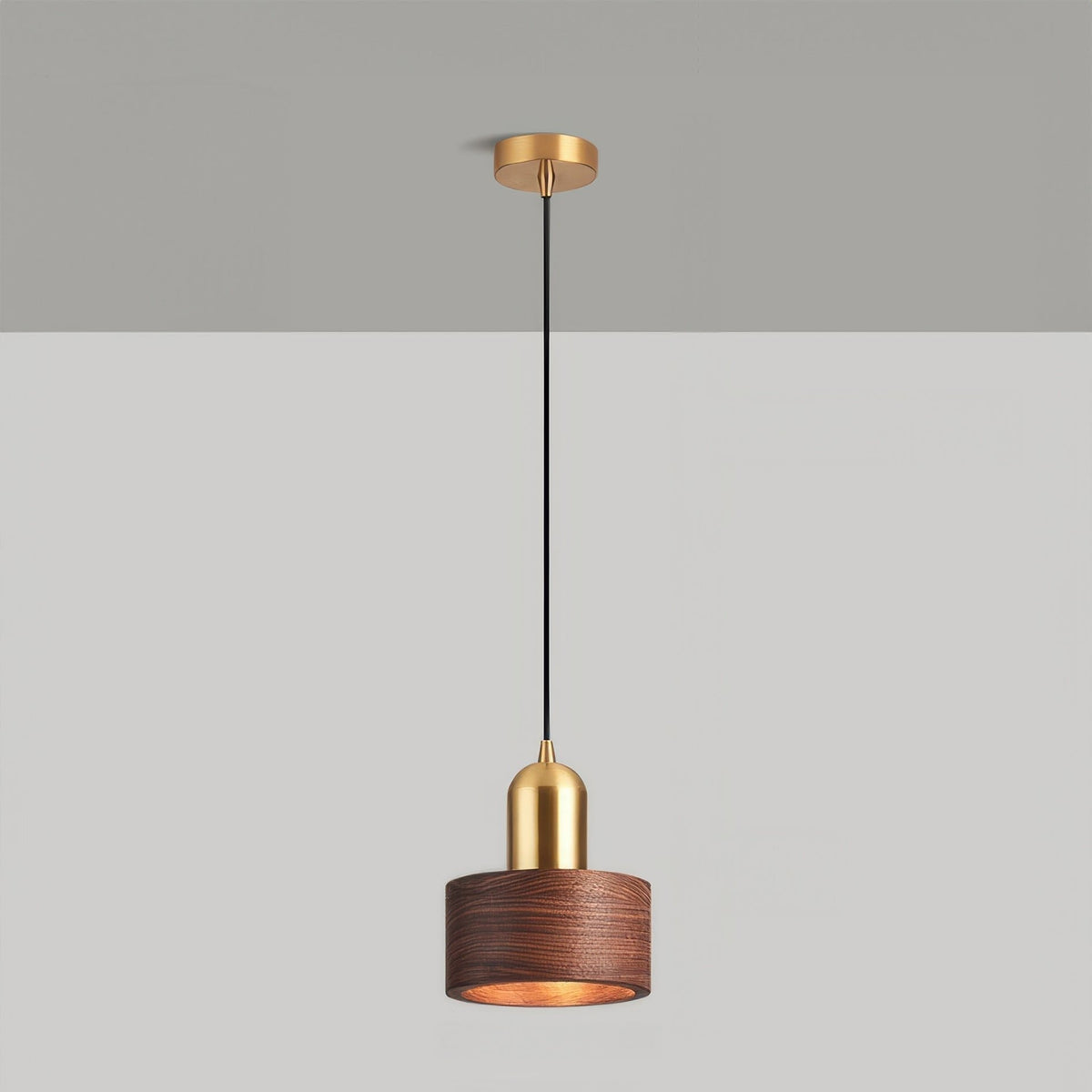 Cylinder Pendant Light | Japanese Style Walnut And Brass Hanging Lamp In Two Timber Finishes