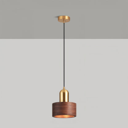 Cylinder Pendant Light | Japanese Style Walnut And Brass Hanging Lamp In Two Timber Finishes
