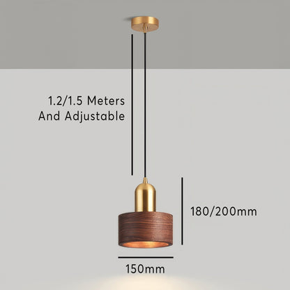 Cylinder Pendant Light | Japanese Style Walnut And Brass Hanging Lamp In Two Timber Finishes
