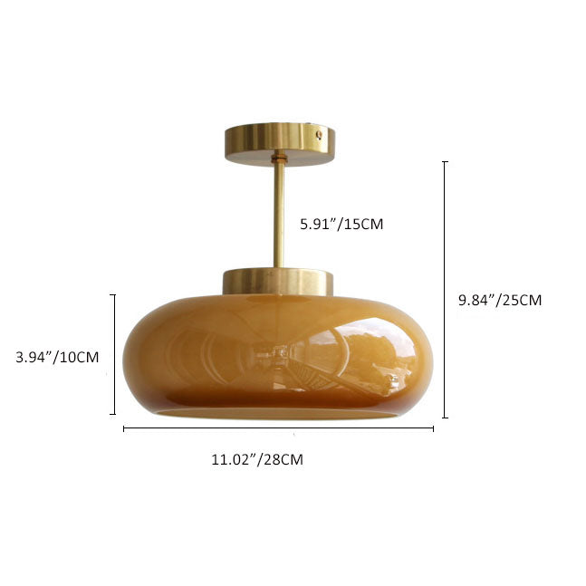 Vintage Brass Yellow Glass Ceiling Light | Semi Flush Mount In Two Warm Toned Metal Finishes