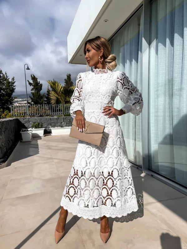 Ivory Lace High-Neck Puff Sleeve Summer Dress